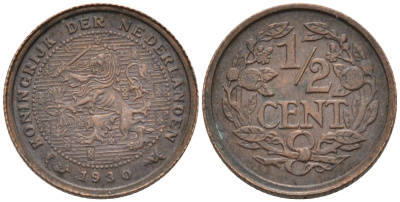 Нидерланды 1/2 цента 1930 Вильгельмина (1890-1948) KM 138 бронза 4576-438