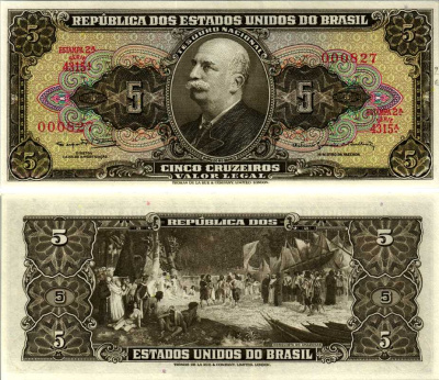 БРАЗИЛИЯ 5 КРУЗЕЙРО 1964 СЕРИЯ 4315А, ESTAMPA 2А, ПОДПИСЬ 14, БАРАО ДО РИО БРАНКО Pick 176d бумага UNC (ПРЕСС) 7547-34-2-2