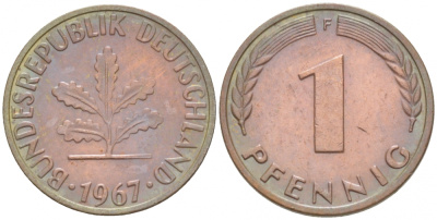 ФРГ 1 ПФЕННИГ 1967 F KM 105, J.380 сталь плакированная медью 3718-214