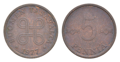 Финляндия 5 пенни 1977 KM 45 медь 4647-268