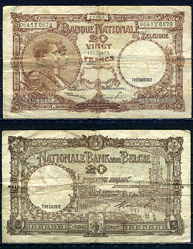 Бельгия 20 франков 1947 22.05.1947, Король Альберт I и его жена Королева Елизавета, Гран-Плас / Гроте Маркт, Брюссель Pick 111 (3) бумага 6301-21-2-2