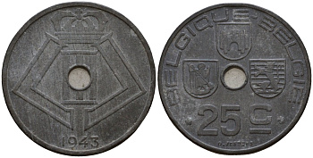 Бельгия 25 сантимов 1943 Belgique - Belgie KM 131 цинк 33-1212