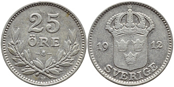 Швеция 25 эре 1912 W, Густав V (1907-1950) KM 785 серебро 1530-615