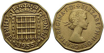 Великобритания 3 пенса 1955 Елизавета II (1952-2022) KM 900, Spink 4153 никель латунь 46-1856