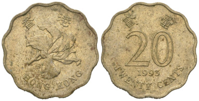 Гонконг 20 центов 1993 KM 67 никель латунь 4580-1049