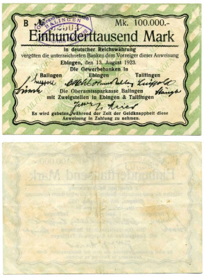 ЭБИНГЕН 100000 марок 1923 13 августа 1923 - 30 сентября 1923, нотгельд, земля Баден-ВЮРТЕНБЕРГ, BALLINGEN EBINGEN TAILFINGEN, OBERAMTSSPARKASSE Keller 1221а бумага 2193-30-1-1