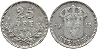 Швеция 25 эре 1912 W, Густав V (1907-1950) KM 785 серебро 1530-615