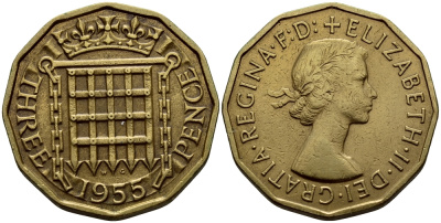 Великобритания 3 пенса 1955 Елизавета II (1952-2022) KM 900, Spink 4153 никель латунь 46-1856
