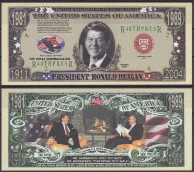 США 1000000 долларов 2005 в память о Рональде Рейгане бумага UNC (пресс) 7196-5-2