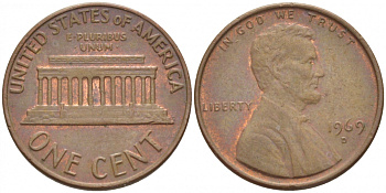 США 1 ЦЕНТ 1969 D, ЛИНКОЛЬН KM 201 медь цинк 3851-1033