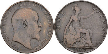 Великобритания 1 пенни 1907 Эдуард VII (1901-1910) KM 794.2, Sp 3990 бронза 4117-733