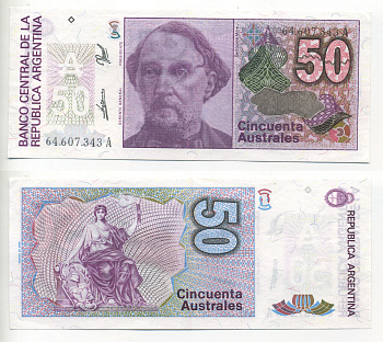 АРГЕНТИНА 50 АУСТРАЛЕЙ 1989 СЕРИЯ А 64607, БАРТОЛОМЕ МИТРЕ, АРГЕНТИНСКИЙ ПОЛИТИК, ПОЛКОВОДЕЦ Pick 326b UNC (ПРЕСС) 6293-30-3