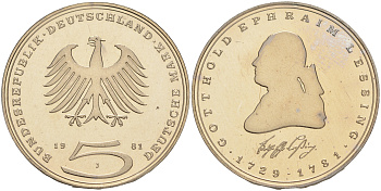ФРГ 5 марок 1981 J, 200 лет со дня смерти Готхольда Эфраима Лессинга KM 154, J.429 медно-никель плакированный никелем плакированный никелем PROOF 02-265-14