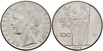 Италия 100 лир 1978 R, Афина у оливкого дерева KM 96.1 нержавеющая сталь 4149-1226
