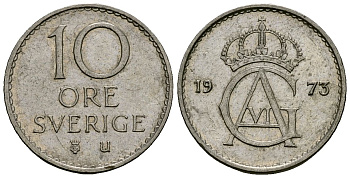 Швеция 10 эре 1973 U, Густав VI Адольф (1950-1973) KM 835 медно-никель 4136-912