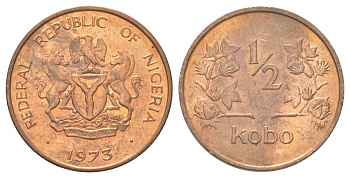 Нигерия 1/2 кобо 1973 KM 7 бронза aUNC 4625-436