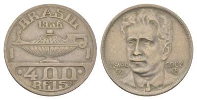 Бразилия 400 реалов 1936 Освалду Крус KM 539 медно-никель 4624-1223