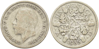 Великобритания 6 пенсов 1935 Георг V (1910-1936) KM 832, Spink 4041 серебро 26-835