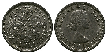 Великобритания 6 пенсов 1954 Елизавета II (1952-2022) KM 903, Spink 4149 медно-никель 4381-637