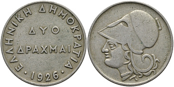 Греция 2 драхмы 1926 Афина в шлеме KM 70 медно-никель 63-657