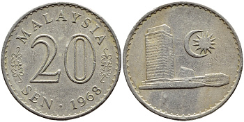 Малайзия 20 сенов 1968 здание Парламента KM 4 медно-никель 4395-653