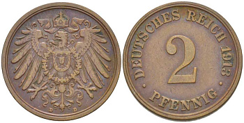 Германия 2 пфеннига 1913 D KM 16, J. 11, Weege 4 медь 206-632