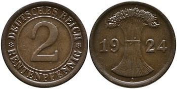 ГЕРМАНИЯ 2 РЕНТЕНПФЕННИГА 1924 А KM 31, J.307 бронза 96-612