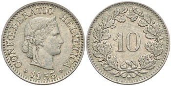 ШВЕЙЦАРИЯ 10 РАППЕНОВ 1955 В KM 27 медно-никель 55-243