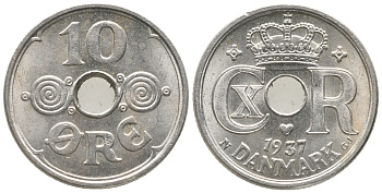 ДАНИЯ 10 ЭРЕ 1937 N ; GJ, КРИСТИАН X (1912-1947) KM 822.2 медно-никель 100-1137