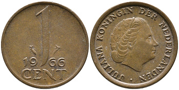 НИДЕРЛАНДЫ 1 ЦЕНТ 1966 ЮЛИАНА KM 180 бронза 96-1229