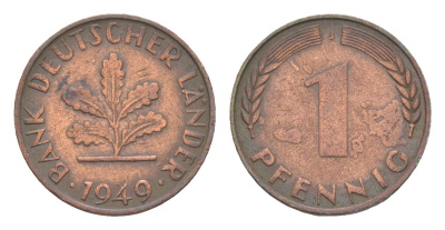 ФРГ 1 пфенниг 1949 J KM A101, J. 376 сталь плакированная бронзой 4164-119