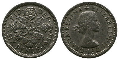 Великобритания 6 пенсов 1954 Елизавета II (1952-2022) KM 903, Spink 4149 медно-никель 4381-637