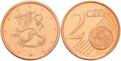ФИНЛЯНДИЯ 2 ЕВРОЦЕНТА 2002 ИЗ РОЛЛА KM 99 сталь плакированная медью UNC M20-13