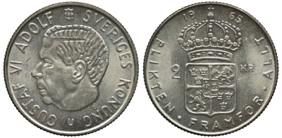 Швеция 2 кроны 1965 U, Густав VI Адольф (1950-1973) KM 827 серебро UNC 221-612