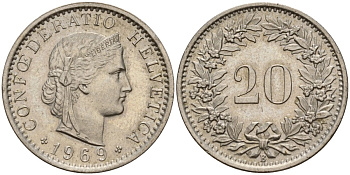 Швейцария 20 раппенов 1969 B KM 29a медно-никель 4187-556