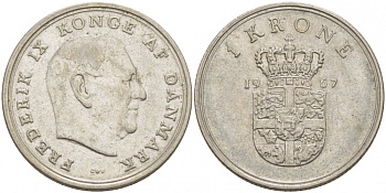 ДАНИЯ 1 КРОНА 1967 C; S, ФРЕДЕРИК IX (1947-1972) KM 851.1 медно-никель 213-1217