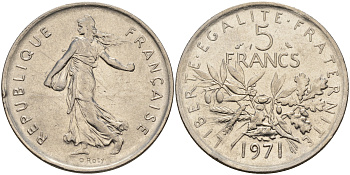 Франция 5 франков 1971 сеятель KM 926a.1, Le Franc 341.3 медно-никель плакированный никелем 4149-511