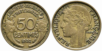 ФРАНЦИЯ 50 САНТИМОВ 1932 ТИП MORLON, OPEN 9, С ЯГОДОЙ KM 849.1, LE FRANC 192.7 алюминиевая бронза 72-1156