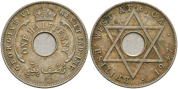 Британская Западная Африка 1/2 пенни 1947 H, Георг VI KM 18 медно-никель 25-1017