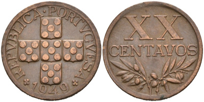 Португалия 20 сентаво 1949 KM 584 бронза 46-945