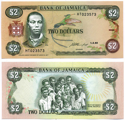 Ямайка 2 доллара 1993 1 февраля 1993, подпись 11, ПОЛ БОГЛ Pick 69е бумага UNC (пресс) 2197-20-3-2