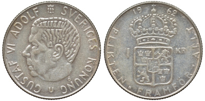 Швеция 1 крона 1962 U, Густав VI Адольф (1950-1973) KM 826 серебро 4178-746