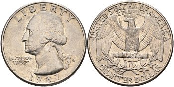 США 25 центов = квотер 1987 D, Вашингтон KM A164a медь плакированная медно-никелем 4584-1241