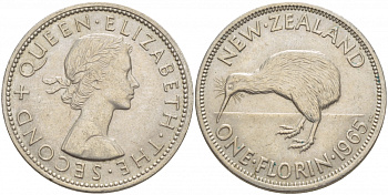 Новая Зеландия 1 флорин 1965 Елизавета II (1952-2022), птичка киви KM 28.2 медно-никель UNC 51-133