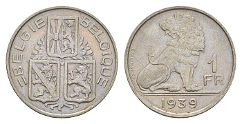 Бельгия 1 франк 1939 Belgie - Belgique, Леопольд III (1934-1951) KM 120 никель 4173-812
