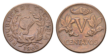 Колумбия 5 сентаво 1960 KM 206 бронза 4664-132