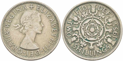 Великобритания 2 шиллинга (флорин) 1955 Елизавета II (1952-2022) KM 906, Spink 4146 медно-никель 41-234