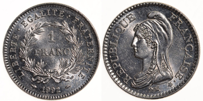 Франция 1 франк 1992 200 лет Французской республике KM 1004.1, Le Franc 229.2 никель 4610-855