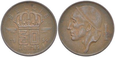 БЕЛЬГИЯ 50 САНТИМОВ 1954 BELGIE KM 145 бронза 187-866