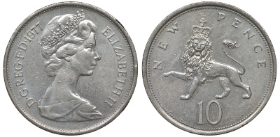 Великобритания 10 пенсов 1977 Елизавета II (1952-2022) KM 912, Spink 4231 (F1) медно-никель 4131-343